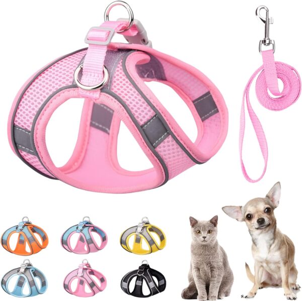 Soft Small Dog Harness and Leash Set Step in Air Mesh Puppy Harness Leash Easy Walk Dog Harness Vest Adjustable Reflective No Pull Dog Harnesses for Small Dogs Cats (Pink,XXS)