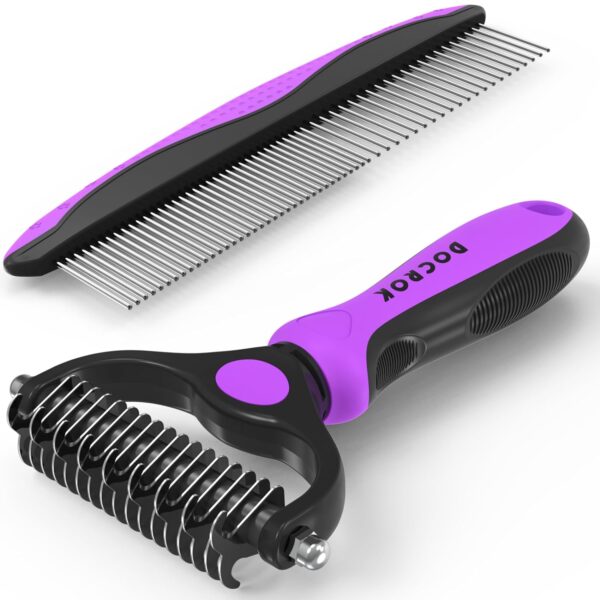 Pet Grooming Brush and Metal Comb Combo, Cat Brush Dog Brush for Shedding, Undercoat Rake for Dogs Grooming Supplies, Dematting Deshedding Brush Dogs Shedding Tool for Long matted Haired Pets, Purple