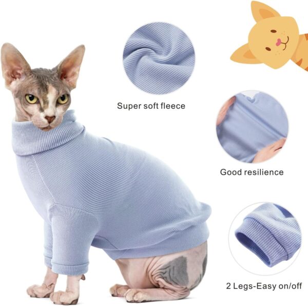 Idepet Sphynx Cat Shirt,Hairless Cats Cotton Clothes Turtleneck Sweater Breathable Pullover Kitten Apparel Adorable Vest Pajamas Jumpsuit for Cat and Small Dogs (Small, Blue) - Image 2