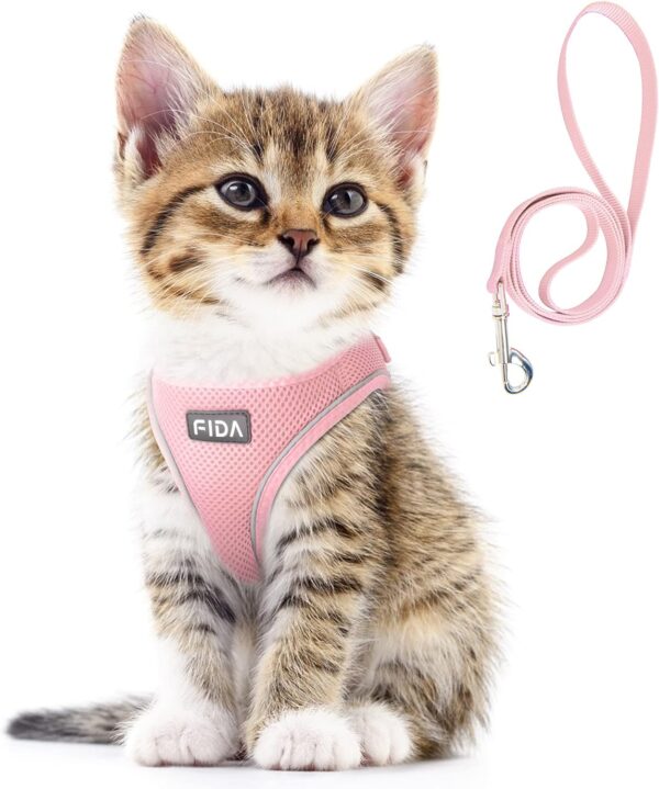 Fida Cat Harness and Leash Set for Walking Kitten and Puppy, Escape Proof Kitten Harness with Breathable Lightweight Soft Mesh, Adjustable Reflective Step-in Design. (XXXS, Pink)