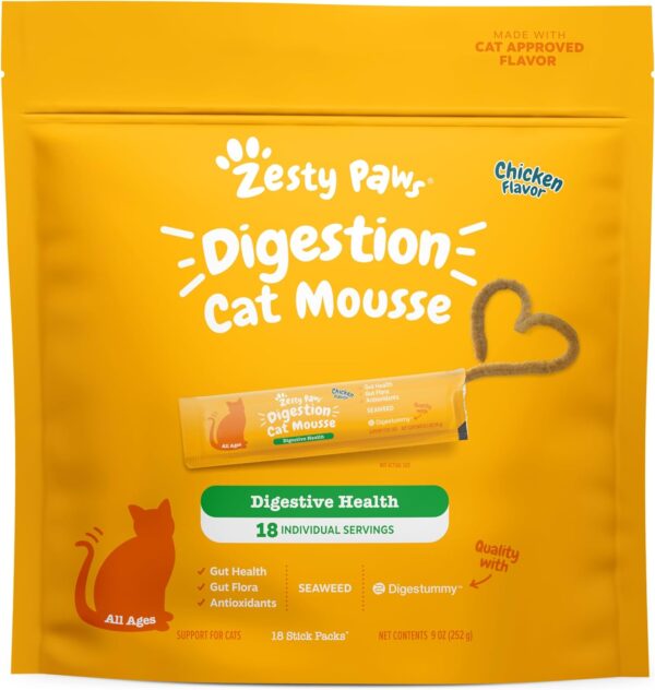 Zesty Paws Cat Mousse Squeeze Up Puree Cat Treats for Digestion - with Seaweed, Omega Fatty Acids, Antioxidants - Support for Digestive Health Cats - Chicken Flavor - 18 Count