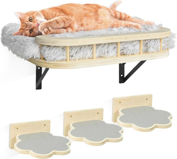 Cat Hammock Cat Wall Furniture with Cooling Mat and Plush Cushion and 3 Wall Steps, Wall Mounted Cat Shelves and Perches, Cat Climbing Shelf Cat Scratching Post for Sleeping, Playing, Gift for Cat