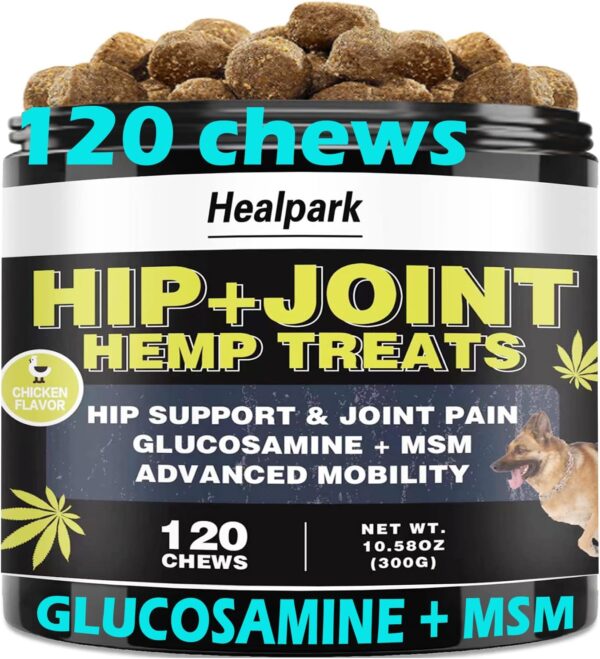 Hemp Hip and Joint Supplement for Dogs - Glucosamine for Dogs - Chondroitin, Hemp Oil, MSM & Turmeric - Support Joint Mobility, Joint Pain Relief, Hip Dysplasia, Arthritis Health Care - 120 Chews