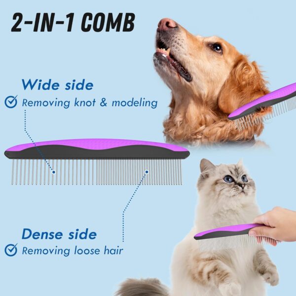 Pet Grooming Brush and Metal Comb Combo, Cat Brush Dog Brush for Shedding, Undercoat Rake for Dogs Grooming Supplies, Dematting Deshedding Brush Dogs Shedding Tool for Long matted Haired Pets, Purple - Image 3