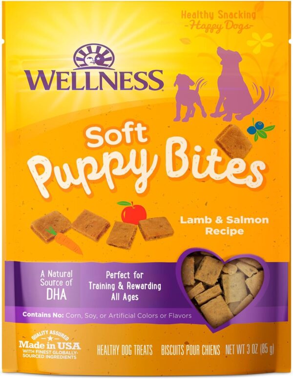 Wellness Soft Puppy Bites Healthy Grain-Free Treats for Training, Dog Treats with Real Meat and DHA, No Artificial Flavors (Lamb & Salmon, 3-Ounce Bag)