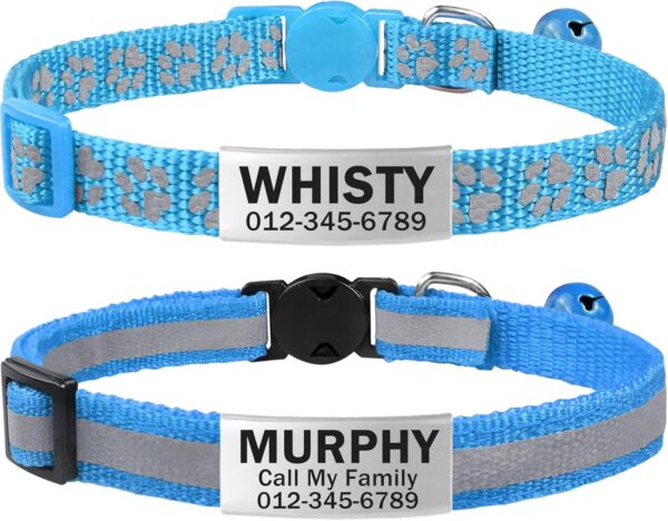 TagME 2 Pack Cat Collar with Name Tag, Personalized Reflective Cat Collar Breakaway with Bell for Boy & Girl Kitten, SkyBlue