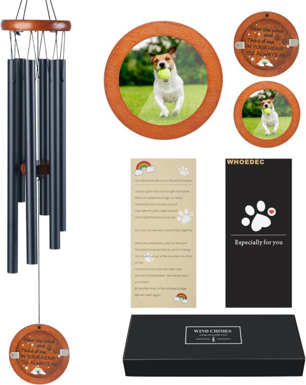 Pet Memorial Wind Chime - Loss of Dog Sympathy Gift, Dog Passing Away Remembrance Gifts with Picture Frame, Pawprint Keyring & Rainbow Bridge Card Gifts