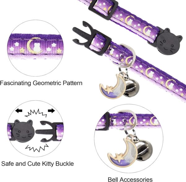 2 Pack Breakaway Cat Collar with Bells,Adjustable Moon and Star Kitten Safety Collars for Boys & Girls,Purple+Teal - Image 3