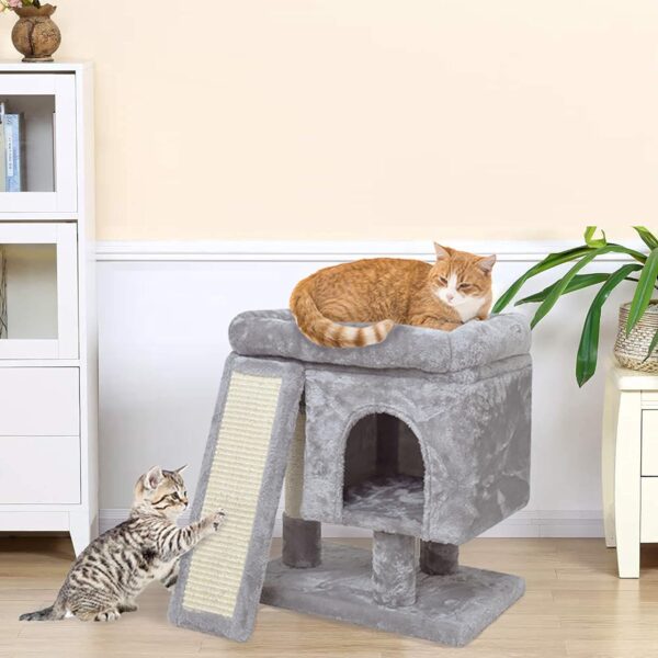 SYANDLVY Small Cat Tree for Indoor Cats, Cat Tower with Scratching Post, Modern Activity House for Large Cats, Condo with Board, Kittens Cave (Light Grey) - Image 7