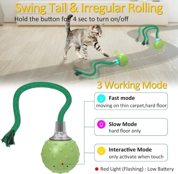 Interactive Cat Ball Toy,Motion Activated Automatic Moving Ball Toy with Long Tail Teaser/Simulation Bird Sound/USB Rechargeable Cat Toys Self Play - Image 2