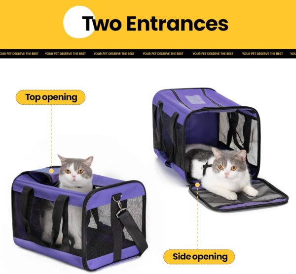 Cat Carrier Airline Approved, Soft-Sided Dog Carrier with Inner Safety Leash, Pet Transport Carrier for Small-Medium Cats Puppies up to 15 Lbs, Collapsible Travel Kitten Carrier Bag -Purple M - Image 4