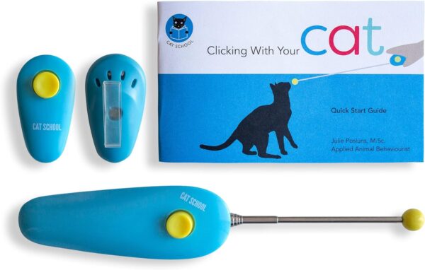 Clicker Training Kit - Training kit for Cat, Fist Bump Training, Positive Behavior - Includes Quiet Clicker, Retractable Target Stick, Illustrated Booklet