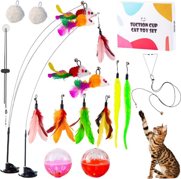 Interactive Cat Toy Suction Cup Cat Bird Simulation Cat Toy Set Self Play Cat and Kitten Toys for Indoor Cats 3Pcs Cat Wand Toy 14Pcs Cat Feather Replacement Toys Hanging Cat String and Mouse Toy