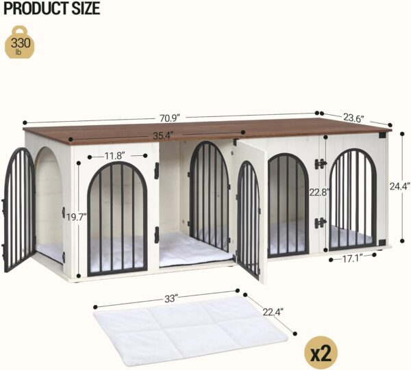 Dog Crate Furniture, 71" Heavy Duty Dog Kennels with Removable Divider, TV Cabinets, Wooden Dog Crate for 2 Dogs, with Cushion, Chew-Resistant, White and Brown DFC81914B - Image 2