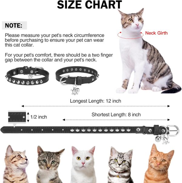 Leather Cat Collars for Boy Girl Cats with Bell and Safety Elastic Belt, Personalized Rivets Stud Adjustable Safe Buckle Collar with Skull Charm for Kitty Small Pets, Black - Image 2