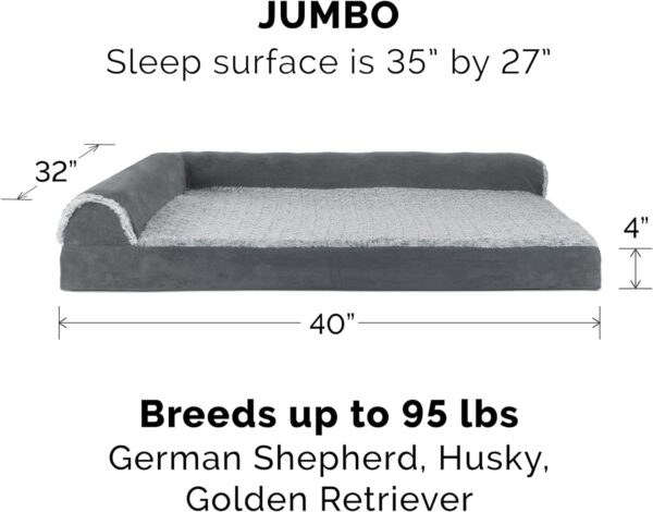 Furhaven Orthopedic Dog Bed for Large Dogs w/ Removable Bolsters & Washable Cover, For Dogs Up to 95 lbs - Two-Tone Plush Faux Fur & Suede L Shaped Chaise - Stone Gray, Jumbo/XL - Image 2