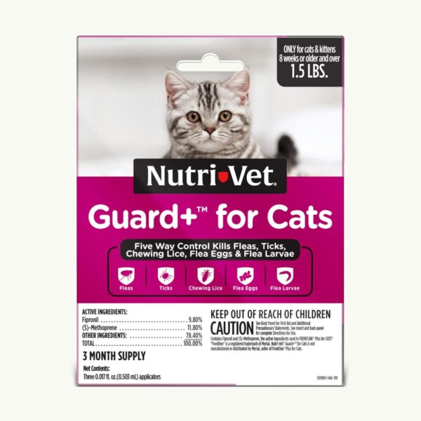 Nutri-Vet Guard+ for Cats - Flea & Tick Prevention for Cats 1.5 lbs and Up - Waterproof - 30 Days of Protection - 3 Month Supply