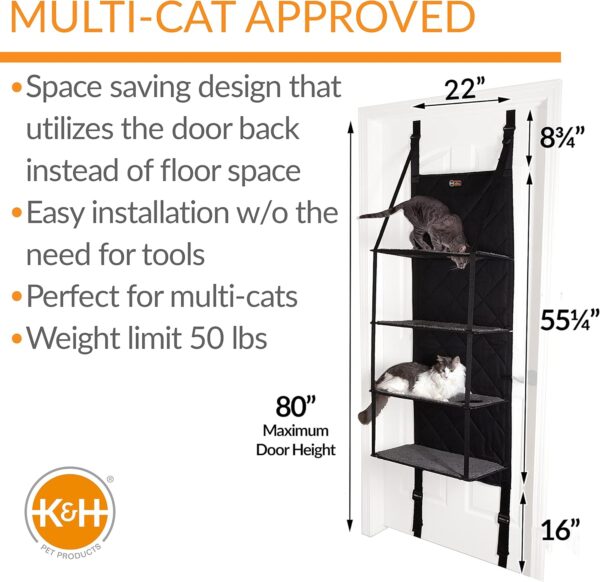 K&H PET PRODUCTS Hangin’ Cat Tree - Door Mounted Climber Cat Wall Perch Furniture Cat Hammock for Indoor, Hanging / Elevated Bed - 4 Story Gray 12 X 22 X 65 Inches - Image 2