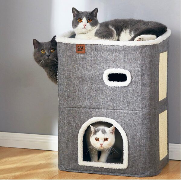 CATBOAT 2-Storey Cat House for Indoor Cats Bed, Covered Cat Beds & Furniture with Scratch Pad and Hideaway Cave, Cute Modern Cat Condo for Multi Small Pet Large Kitten Kitty, Grey