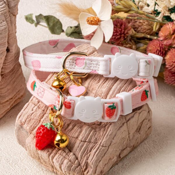 2 Pack Cotton Breakaway Cat Collar,Pink Strawberries and White Heart Shaped Pendant Kitten Collar Cute Cat Collar with Bell,Ideal for Girl Cats Boy Cats - Image 5