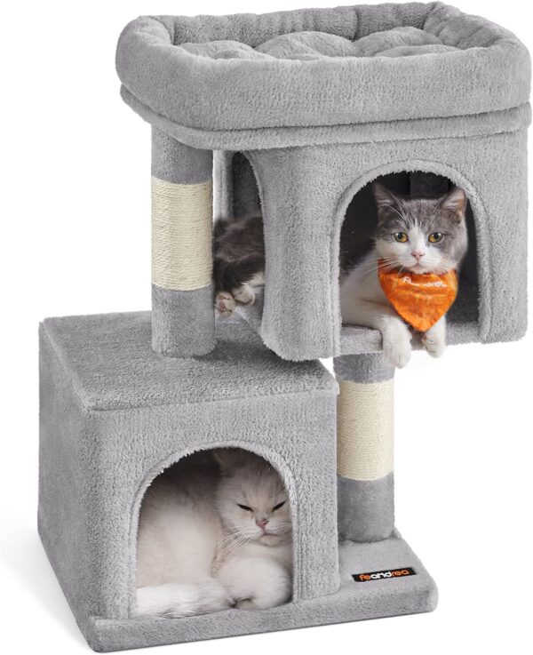 Feandrea Cat Tree, 26.4-Inch Cat Tower, S, Cat Condo for Kittens up to 7 lb, Large Cat Perch, 2 Cat Caves, Scratching Post, Light Gray UPCT611W01