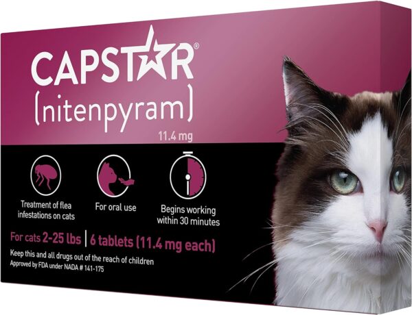 Capstar (nitenpyram) for Cats, Fast-Acting Oral Flea Treatment for Cats 2-25 lbs, Vet-Recommended Flea Medication Tablets Start Killing Fleas in 30 Minutes, 6 Doses