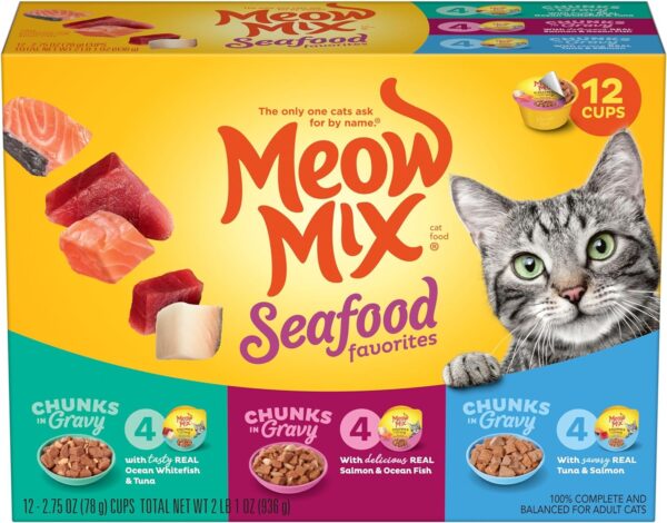 Meow Mix Seafood Favorites Chunks in Gravy Wet Cat Food Variety Pack, 2.75 Ounce (Pack of 12)