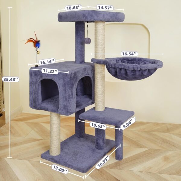 Multifunction Cat Tree has Cozy Hammock & Hanging Ball, Cat Tower with Activity Centre Furniture & Jute-Covered Scratching Posts Grey - Image 2