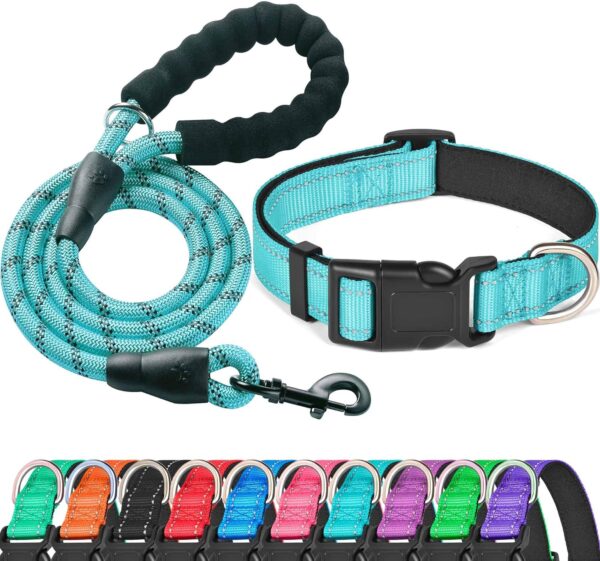 Reflective Dog Collar Padded with Soft Neoprene Breathable Adjustable Nylon Dog Collars for Small Medium Large Dogs (Small (Pack of 1), Blue Collar+Leash)