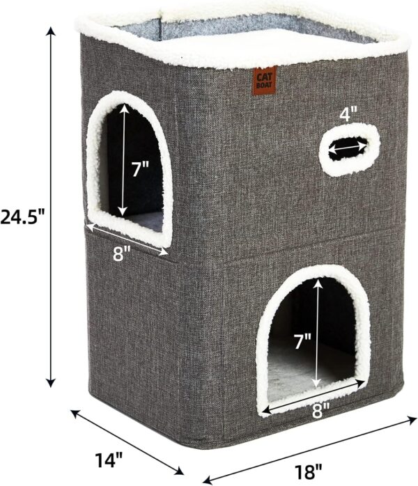 CATBOAT 2-Storey Cat House for Indoor Cats Bed, Covered Cat Beds & Furniture with Scratch Pad and Hideaway Cave, Cute Modern Cat Condo for Multi Small Pet Large Kitten Kitty, Grey - Image 4