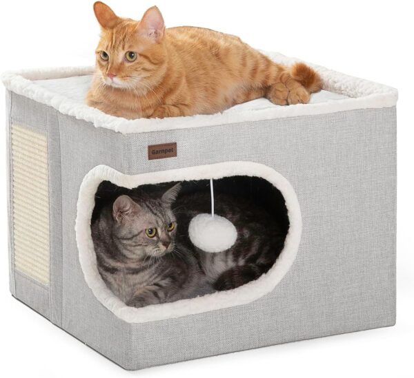 Cat Bed for Indoor Cats Cube House, Covered Cat Cave Beds & Furniture with Scratch Pad and Hideaway Tent, Cute Modern Cat Condo for Multi Small Pet Large Kitten Kitty, Grey