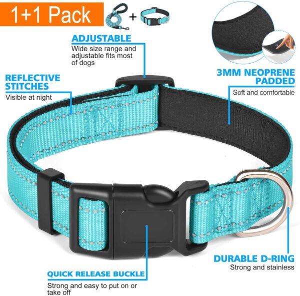 Reflective Dog Collar Padded with Soft Neoprene Breathable Adjustable Nylon Dog Collars for Small Medium Large Dogs (Small (Pack of 1), Blue Collar+Leash) - Image 3