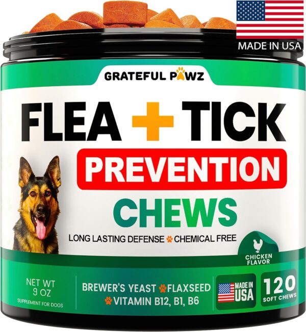 Flea and Tick Prevention for Dogs Chewables - Made in USA - Natural Flea and Tick Chews Supplement for Dogs - Oral Flea Pills for Dogs - Pest Defense - All Breeds and Ages - 120 Soft Tablets