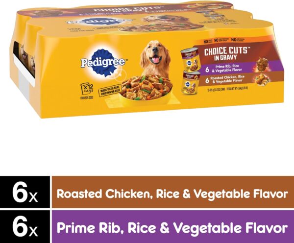 PEDIGREE CHOICE CUTS IN GRAVY Adult Canned Soft Wet Dog Food Variety Pack, Prime Rib, Rice & Vegetable Flavor and Roasted Chicken, 13.2 oz. Cans (Pack of 12) - Image 2