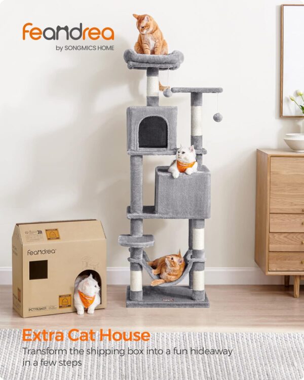 Feandrea Cat Tree, 61-Inch Cat Tower for Indoor Cats, Plush Multi-Level Cat Condo with 5 Scratching Posts, 2 Perches, 2 Caves, Hammock, 2 Pompoms, Light Gray UPCT192W01 - Image 2