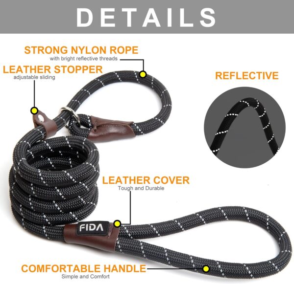 Fida Durable Slip Lead Dog Leash, 6 FT x 1/2" Heavy Duty Comfortable Strong Rope Leash for Large, Medium Dogs, No Pull Pet Training Leash with Highly Reflective, Black - Image 2