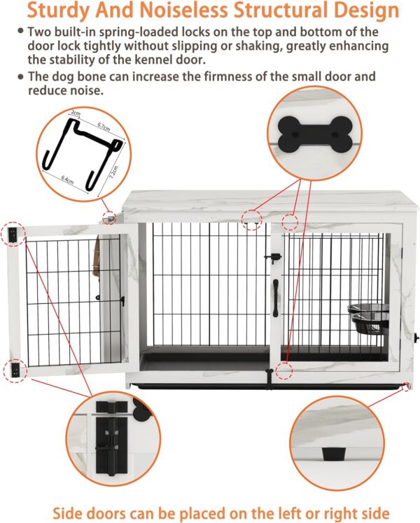 Piskyet Wooden Dog Crate Furniture with 360°Rotatable Removable Dog Bowls, Dog Crate End Table with Tray, Double Doors Dog Kennels for Dogs(M:31.8" L*22.1" W*24.1" H,Marble White) - Image 5