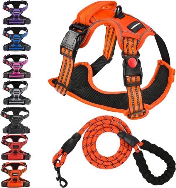 No Pull Dog Harness with A Free Heavy Duty 5ft Dog Leash, Adjustable Soft Padded Dog Vest, Reflective No-Choke Pet Oxford Vest with Easy Control Handle for Dogs(Orange, Medium)