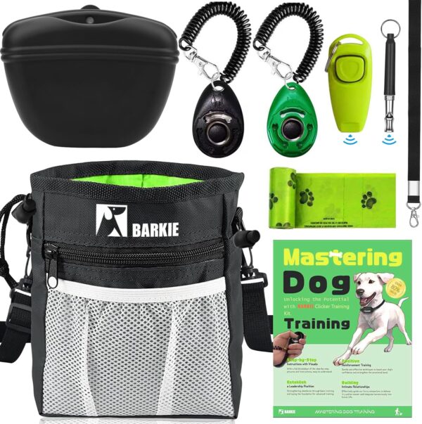 BARKIE Dog Training Kit - Treat Pouch, Pet Training Fanny Pack, 2 Puppy Training Clickers, Ultrasonic Silent Whistle, 2-in-1 Whistle Clicker, Clicker Training Guide Booklet, Dog Poop Bag (Black)