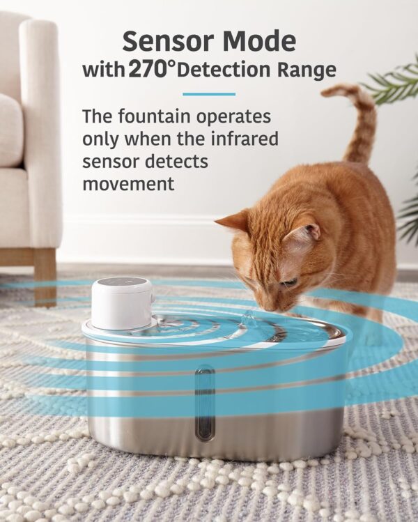 Veken Wireless Cat Water Fountain, Stainless Steel, Battery Operated, 101oz/3L Automatic Water Dispenser for Cats & Dogs, 3 Intelligent Modes, 120° Degree-Radar Sensor, Separate Battery Compartment - Image 5