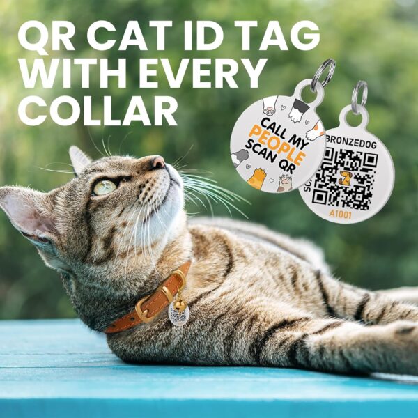 BRONZEDOG Leather Cat Collar with Bells Non Breakaway Kitten QR Tag for Girl Boy (7" - 9" for Cats, Black & Gold) - Image 3