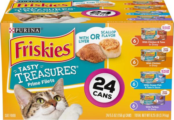 Purina Friskies Gravy Wet Cat Food Variety Pack, Tasty Treasures Prime Filets - (Pack of 24) 5.5 oz. Cans