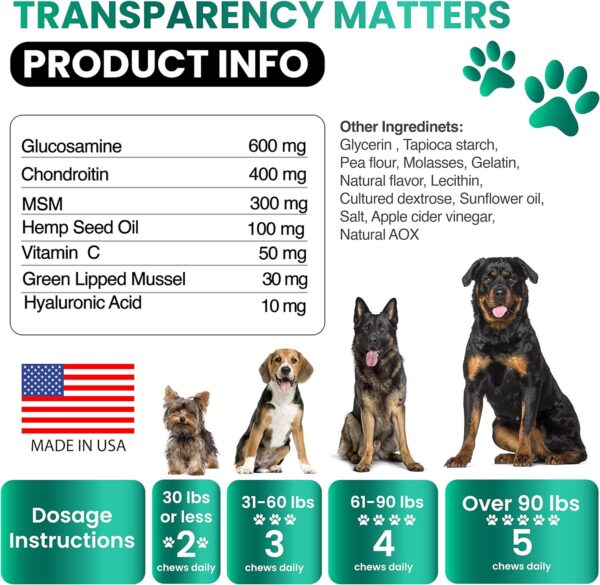 Hemp Hip and Joint Supplement for Dogs - Glucosamine for Dogs - 170 Dog Joint Pain Relief Treats - Chondroitin, MSM, Hemp Oil - Advanced Dog Joint Supplement Health - Mobility Support Chews - Image 6