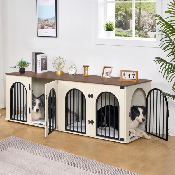 Dog Crate Furniture, 71" Heavy Duty Dog Kennels with Removable Divider, TV Cabinets, Wooden Dog Crate for 2 Dogs, with Cushion, Chew-Resistant, White and Brown DFC81914B