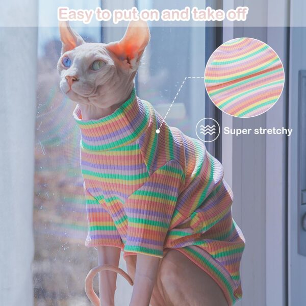 PUMYPOREITY Sphynx Cat Clothes, Soft Hairless Cats Shirt with Sleeves, Stretchy Cat Sweater, Pullover Cat Pajamas Jumpsuit, Turtleneck Cat Outfit for Sphynx Cornish Rex, Devon Rex, Rainbow, XS - Image 2