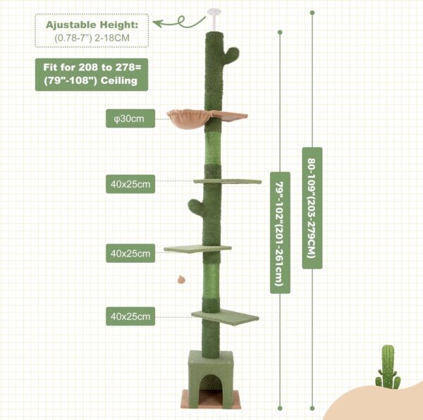 Floor to Ceiling Cat Tree Ajustable Height [82-108 Inches=208-275cm] 6 Tiers Tower Fit for 7-9 Feet Ceiling with Cat Condo Hammock and Sisal Covered Post for Indoor Cats-Green Cactus - Image 6