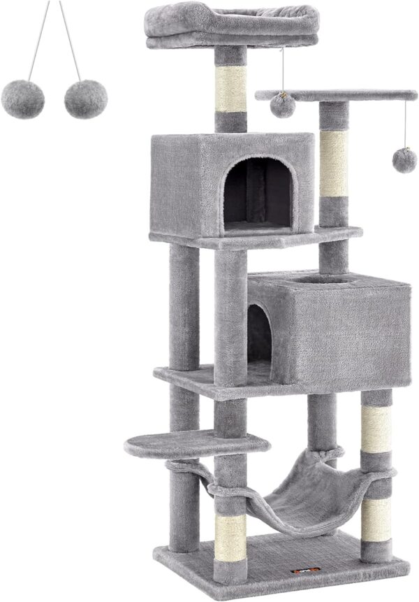 Feandrea Cat Tree, 61-Inch Cat Tower for Indoor Cats, Plush Multi-Level Cat Condo with 5 Scratching Posts, 2 Perches, 2 Caves, Hammock, 2 Pompoms, Light Gray UPCT192W01 - Image 8