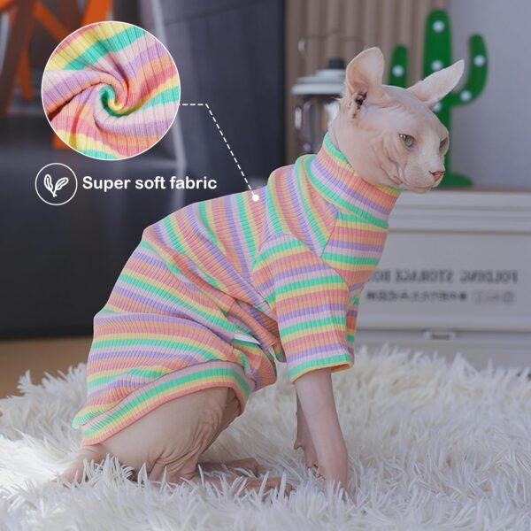 PUMYPOREITY Sphynx Cat Clothes, Soft Hairless Cats Shirt with Sleeves, Stretchy Cat Sweater, Pullover Cat Pajamas Jumpsuit, Turtleneck Cat Outfit for Sphynx Cornish Rex, Devon Rex, Rainbow, XS - Image 3