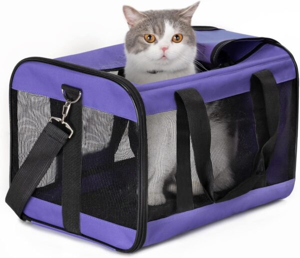 Cat Carrier Airline Approved, Soft-Sided Dog Carrier with Inner Safety Leash, Pet Transport Carrier for Small-Medium Cats Puppies up to 15 Lbs, Collapsible Travel Kitten Carrier Bag -Purple M