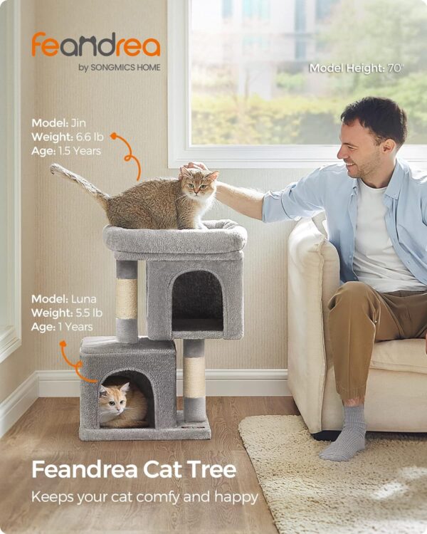 Feandrea Cat Tree, 26.4-Inch Cat Tower, S, Cat Condo for Kittens up to 7 lb, Large Cat Perch, 2 Cat Caves, Scratching Post, Light Gray UPCT611W01 - Image 2